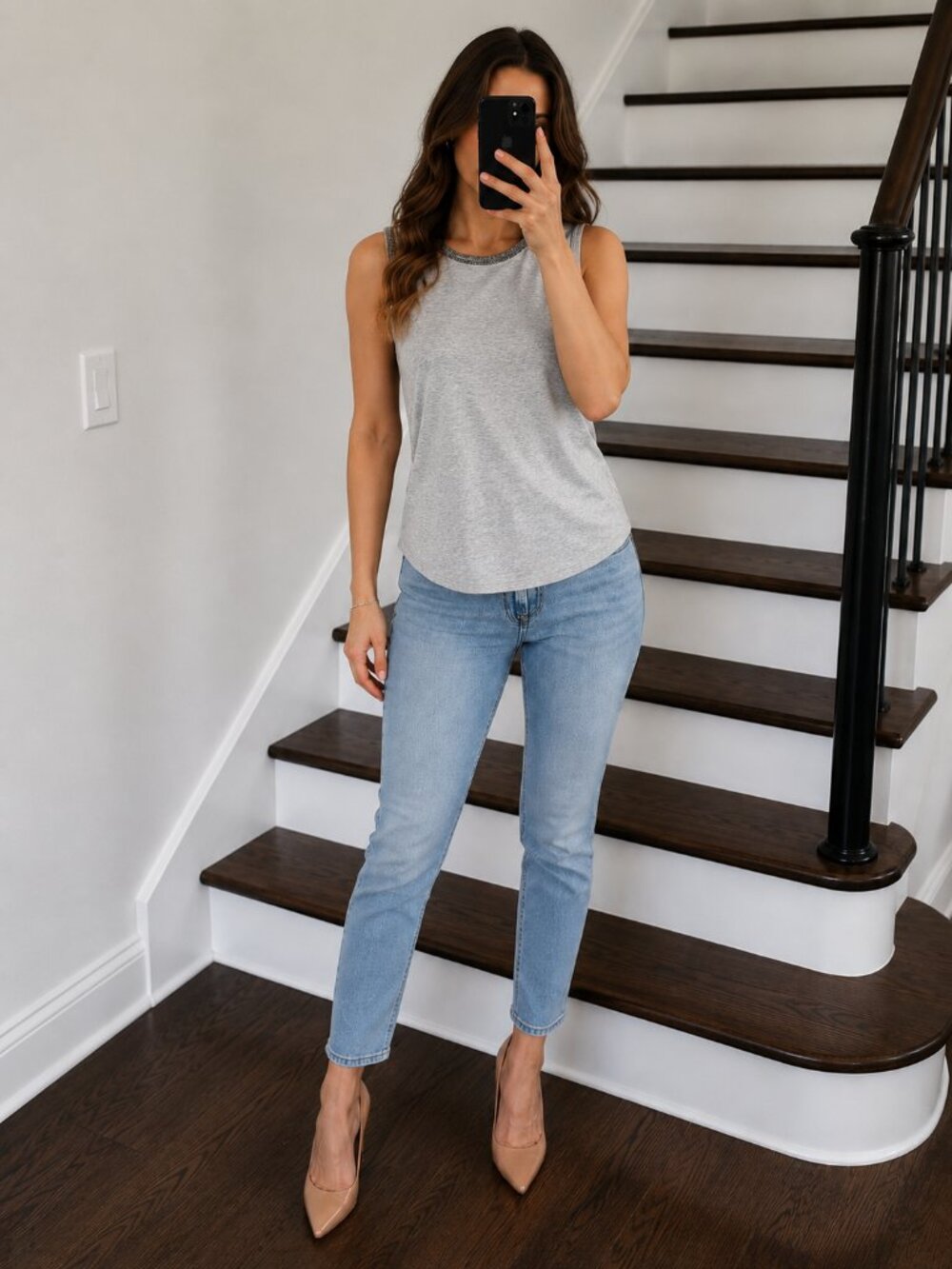 Express Gray Sleeveless Tank Top Metallic Beaded Neckline